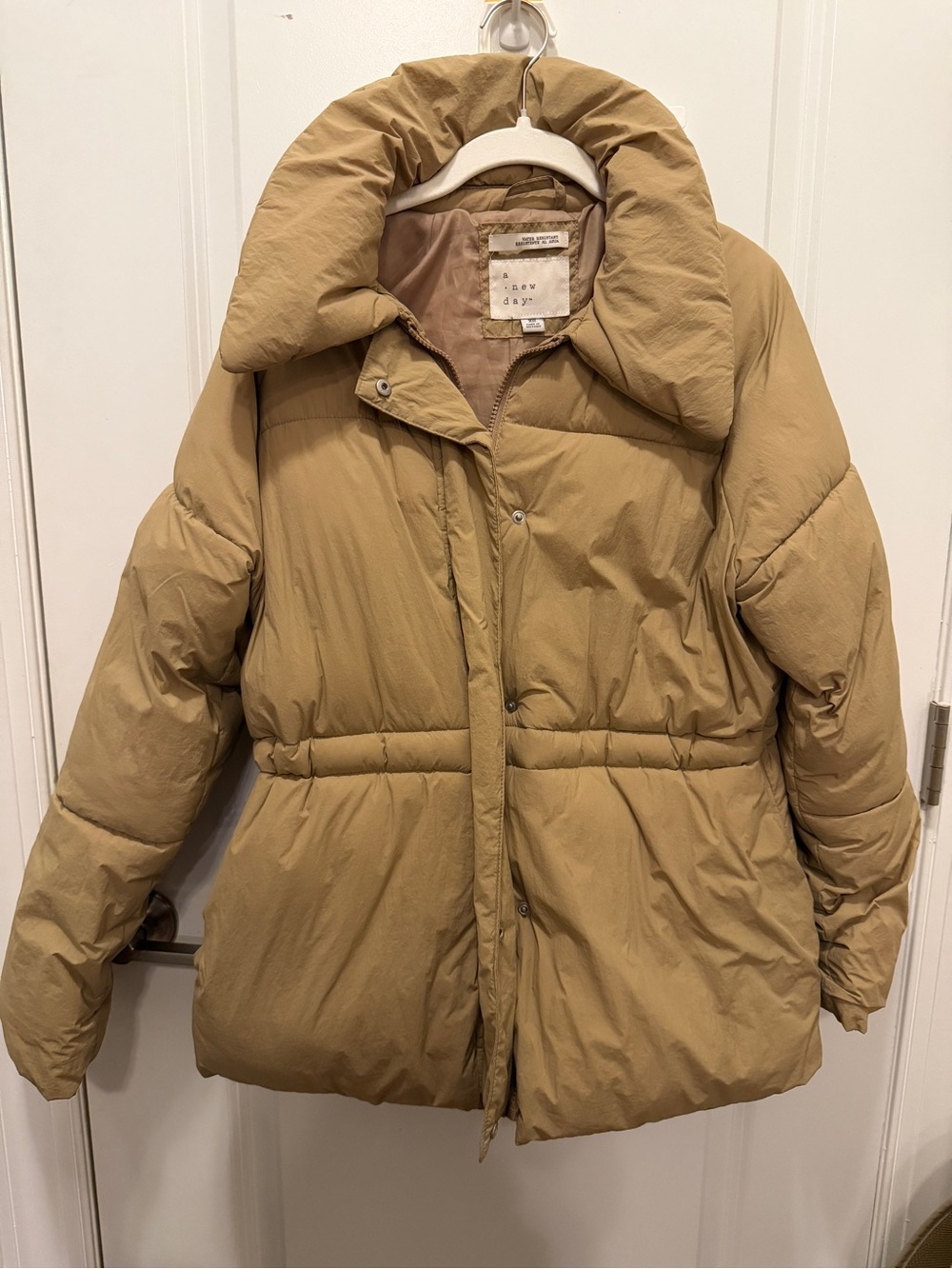 a new day Women's Tan Puffer Jacket with Funnel Collar